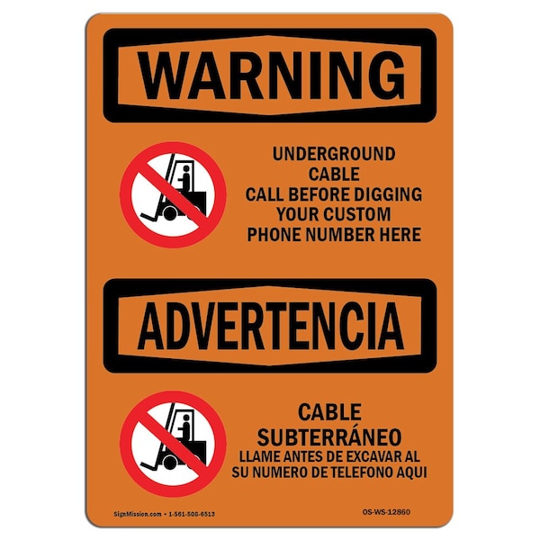 OSHA, Underground Cable Call Custom Bilingual, 24in X 18in Rigid Plastic, 18" W, 24" L, Landscape
